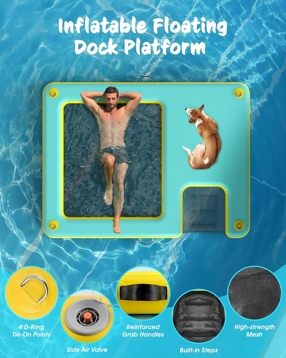 Lesotc Inflatable Floating Platform with Dog Ramp – 8ft x 6ft | 287 lbs Capacity | Non-Slip Water Access for Pets & Humans