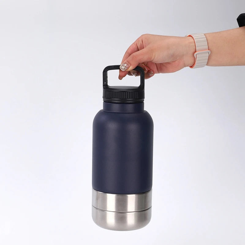 32 Oz Portable Stainless Steel Pet Feeder – 3-In-1 Travel Bowl & Insulated Water Bottle for Dogs