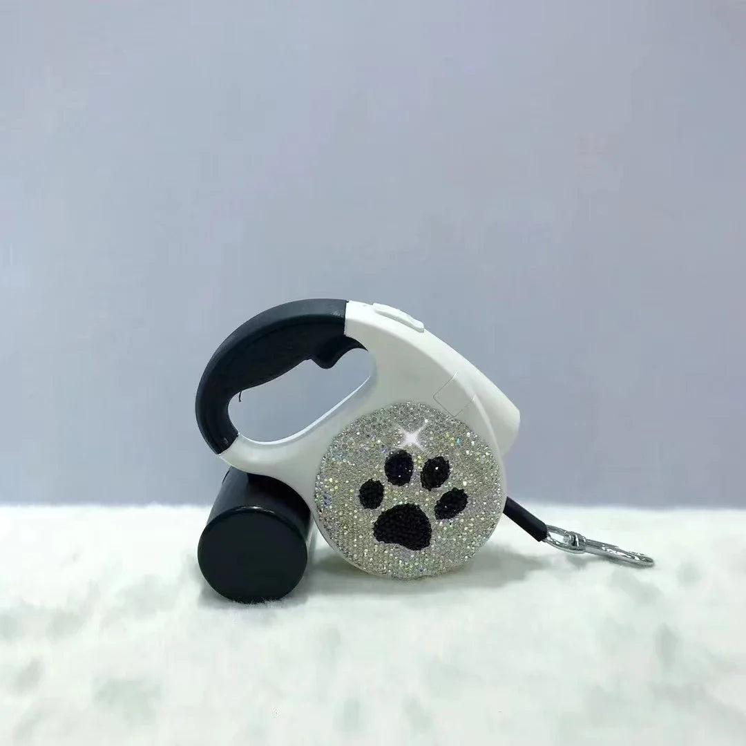 Sparkling Rhinestone Automatic Retractable Pet Leash with LED Light and Garbage Bag Dispenser – 5M Leash for Dogs & Cats