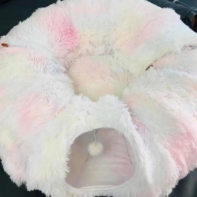 Plush Cat Bed with Tunnel – Cozy & Removable Washable Cushion for Cats, Dogs, and Small Pets