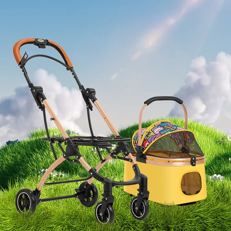 2-in-1 Pet Stroller – Portable Dog & Cat Bassinet with Canopy & Brake, One-Click Folding