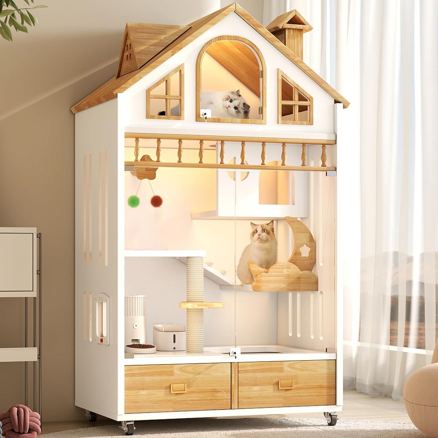 Mobile Cat House with LED Lighting & Drawers – Spacious 63" Wooden Cat Condo | Includes Wheels & Glass Door for Easy Access