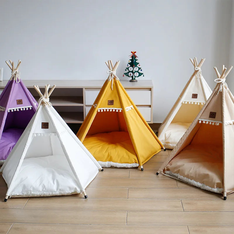 Pet Teepee Dog & Cat Bed Tent – Portable Puppy House with Thick Cushion, Suitable for Small to Medium Pets