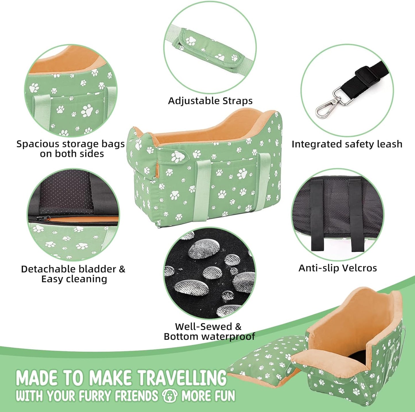 Cullaby Dog Center Console Car Seat for Small Dogs under 15lbs – Comfortable, Safe, Washable, and Portable Pet Car Seat with Safety Leash