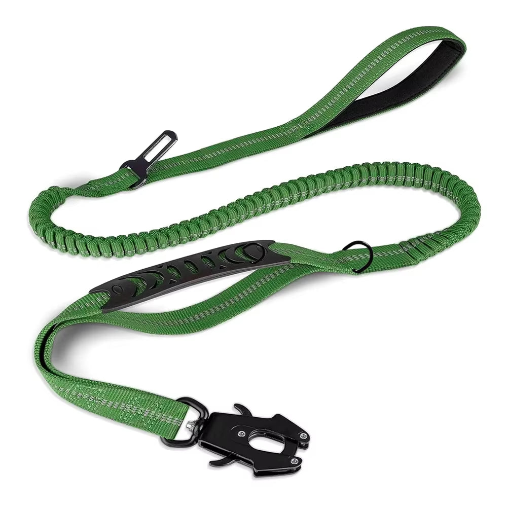 Reflective Bungee Dog Leash – Heavy Duty Tactical Leash with Car Seatbelt for Large Dogs