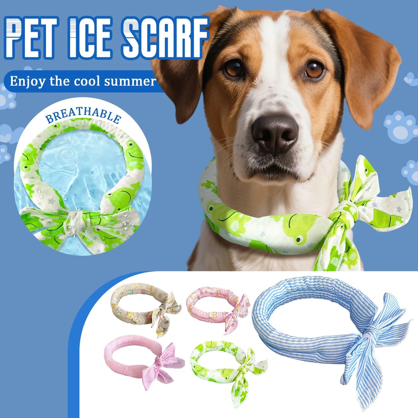 Pet Cooling Scarf – Adjustable Ice Crystal Bandana for Dogs & Cats, Breathable and Refreshing