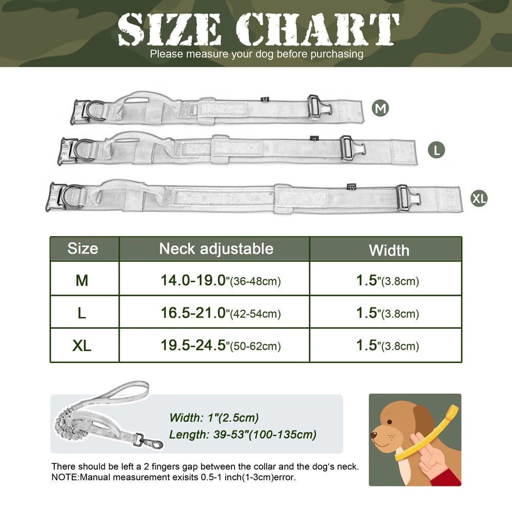 Military Tactical Dog Collar & Bungee Leash Set – Nylon Training Collar for Medium to Large Dogs