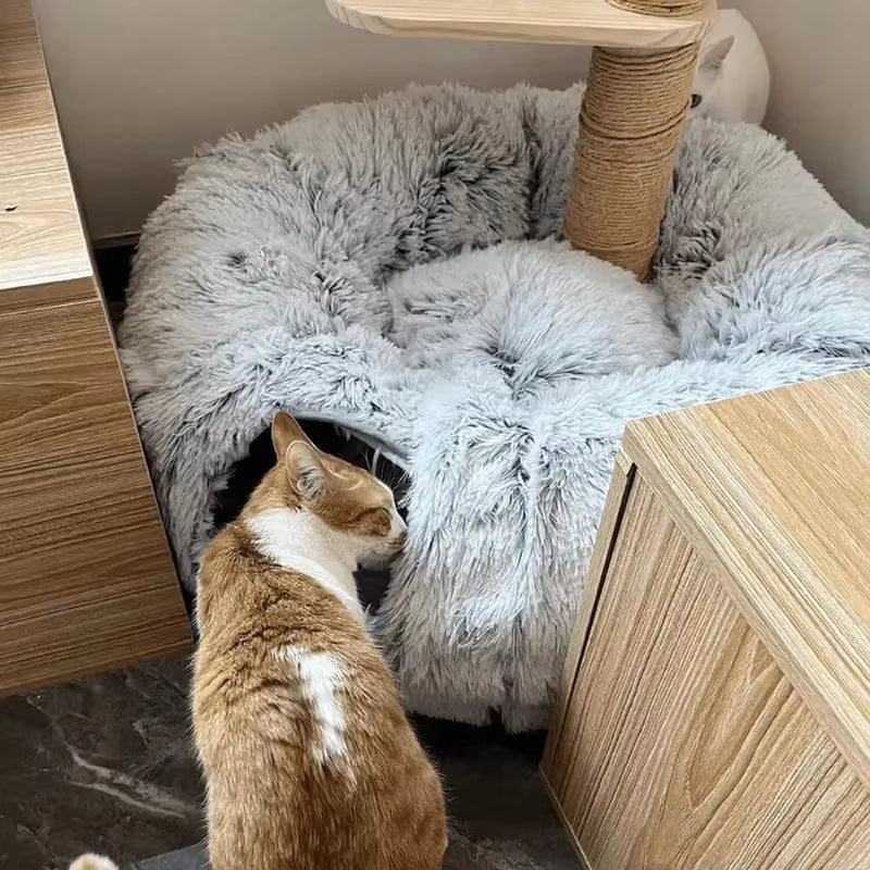 Plush Cat Bed with Tunnel – Cozy & Removable Washable Cushion for Cats, Dogs, and Small Pets