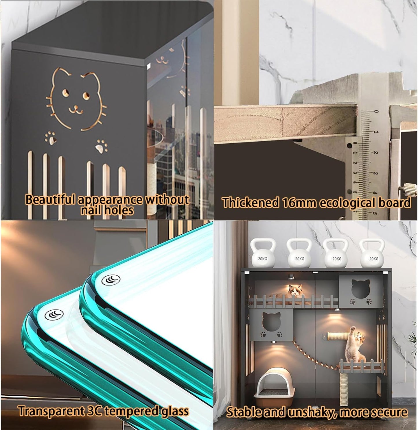 Luxury Wooden Cat House with Glass Doors & LED Lighting | Spacious, Mobile Cat Condo for Comfortable Living
