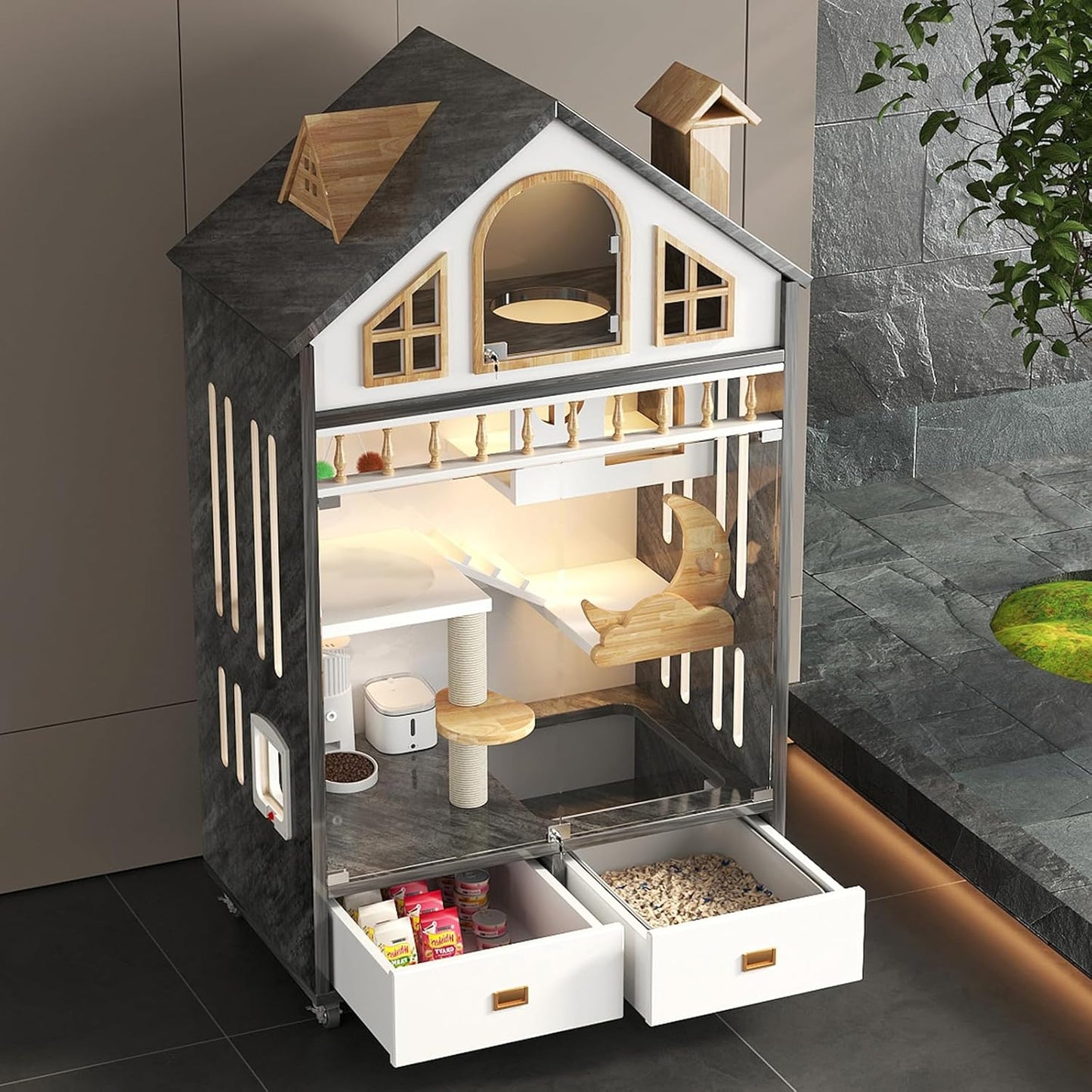 Mobile Cat House with LED Lighting & Drawers – Spacious 63" Wooden Cat Condo | Includes Wheels & Glass Door for Easy Access