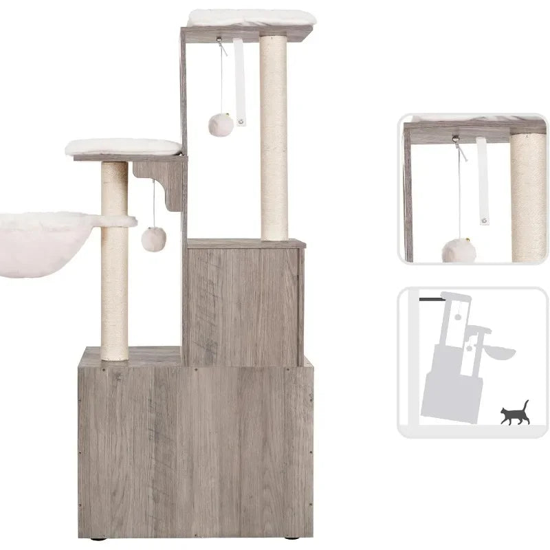 All-in-One Cat Tree Furniture with Litter Box Storage & Feeding Station | Modern Cat Condo for Kittens & Cats
