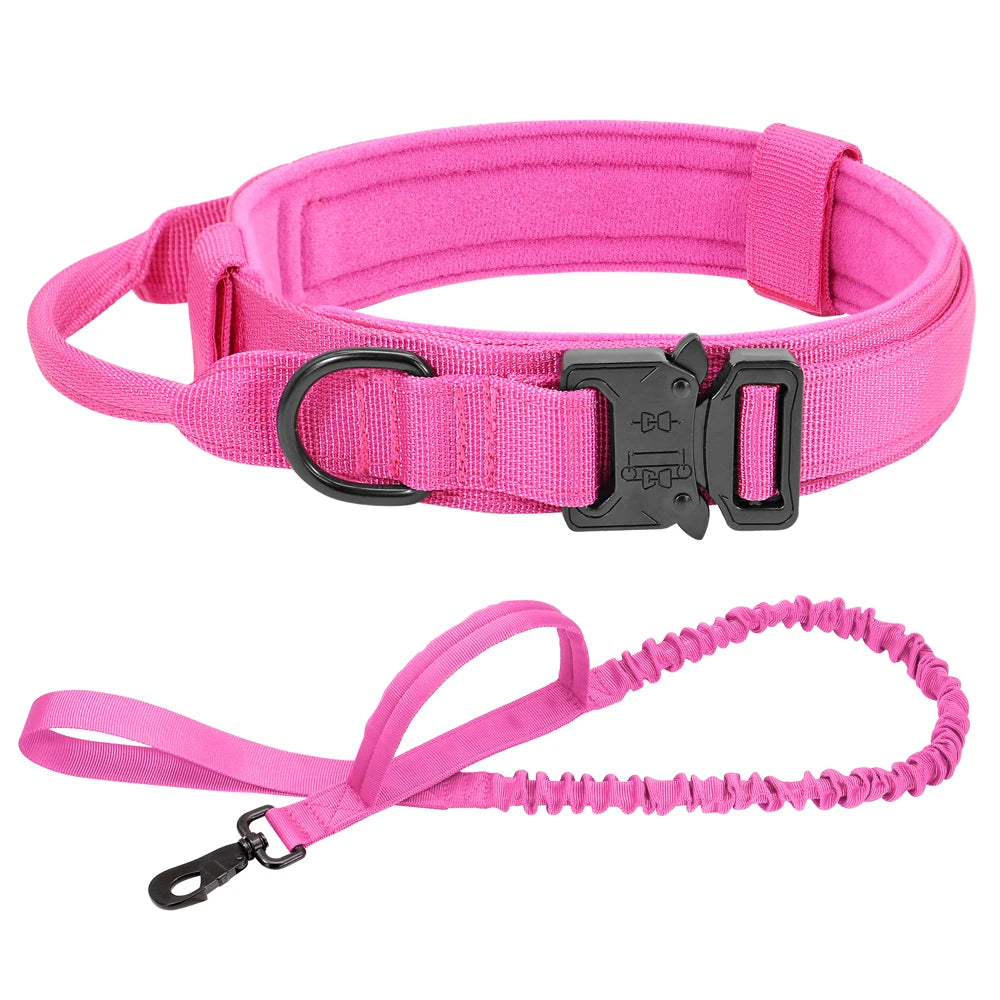 Military Tactical Dog Collar & Bungee Leash Set – Nylon Training Collar for Medium to Large Dogs