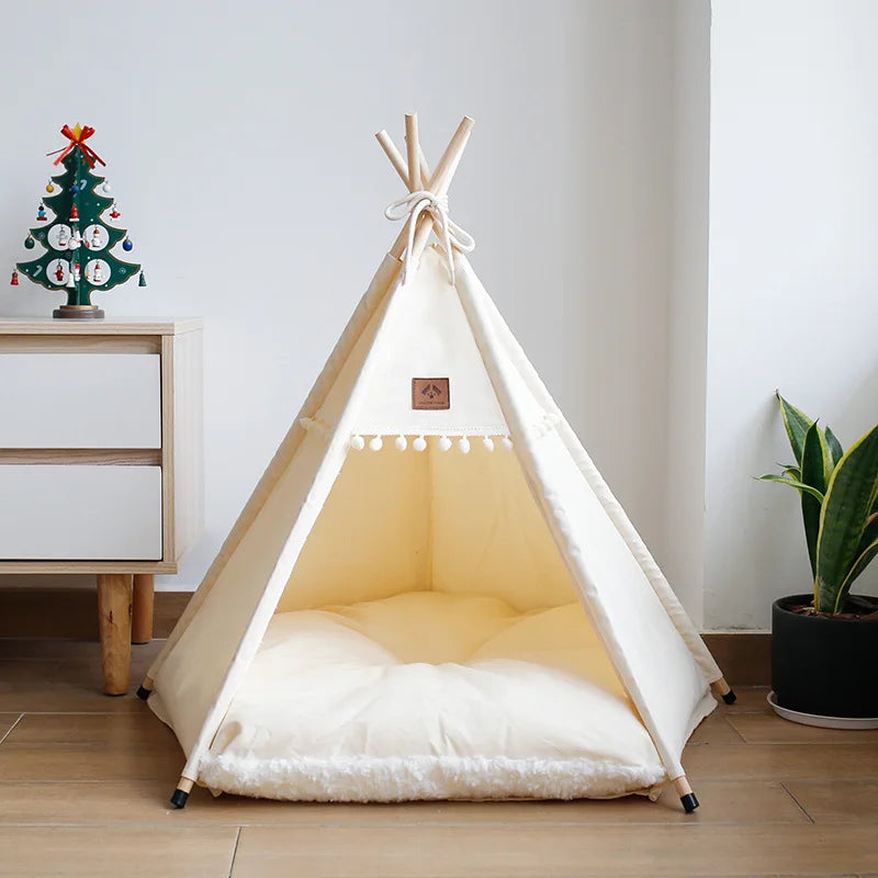 Pet Teepee Dog & Cat Bed Tent – Portable Puppy House with Thick Cushion, Suitable for Small to Medium Pets