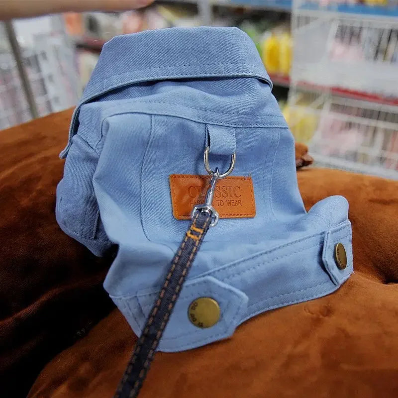 Dog Clothes Denim Coat for Spring & Summer – Comfortable Pet Outfits with Leash Ring for Small & Medium Dogs