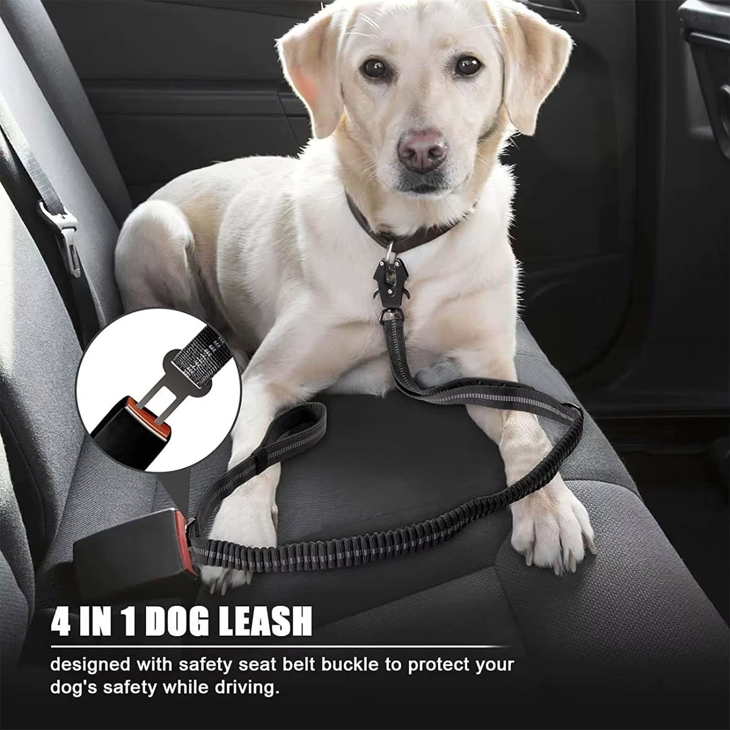 Reflective Bungee Dog Leash – Heavy Duty Tactical Leash with Car Seatbelt for Large Dogs