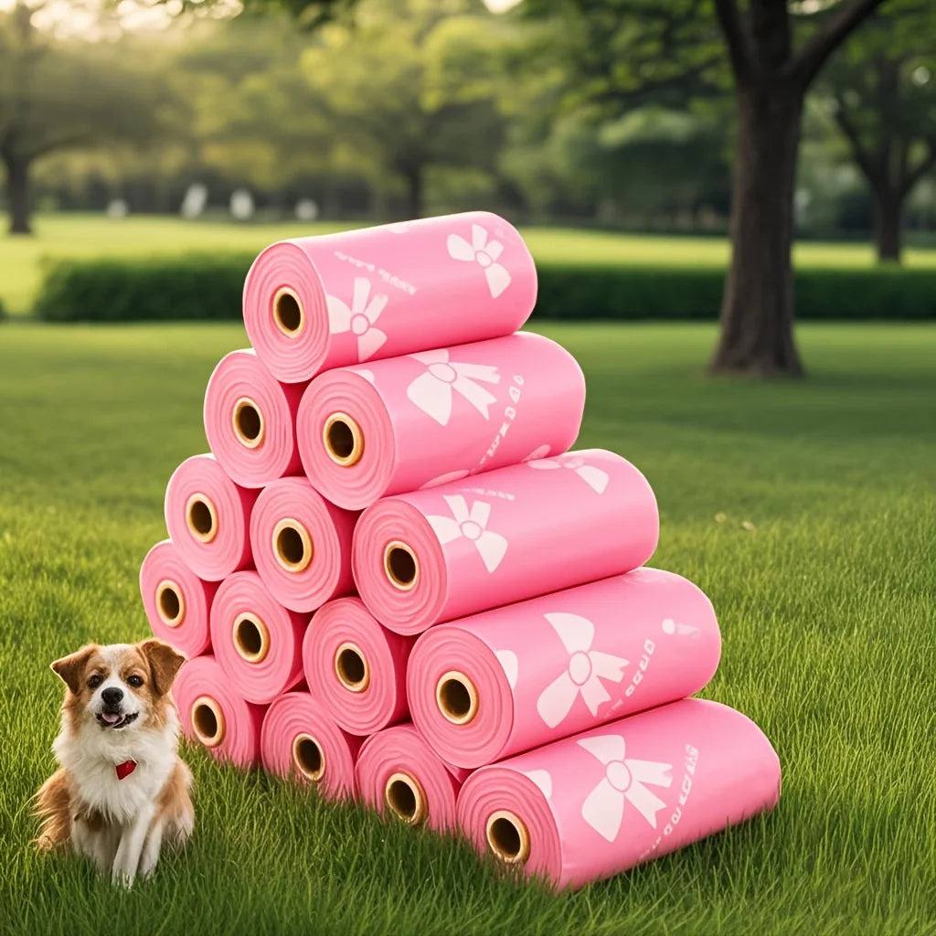 Thick & Durable Pet Poop Bags with Pink Bows – Leakproof Dog & Cat Waste Bags for Outdoor Walks, Multiple Sizes