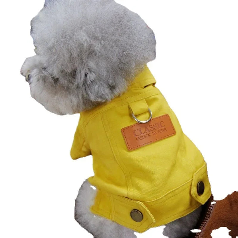 Dog Clothes Denim Coat for Spring & Summer – Comfortable Pet Outfits with Leash Ring for Small & Medium Dogs