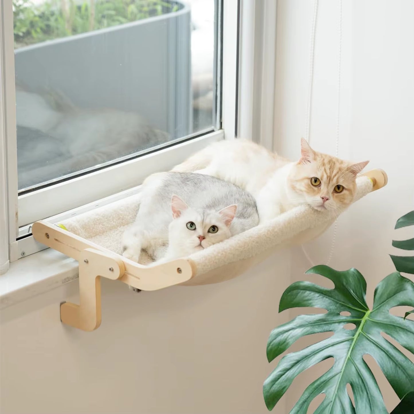 Cat Window Perch Lounge Mount Hammock Window Seat Bed Shelves for Indoor Cats No Drilling No Suction Cup Large Beige