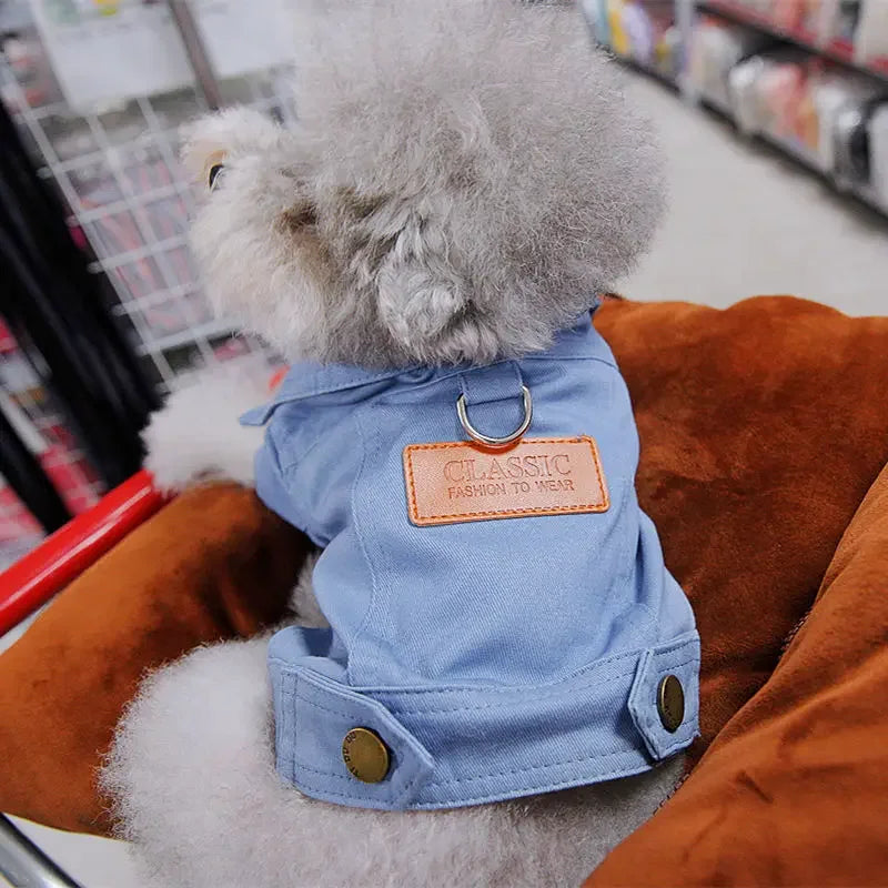 Dog Clothes Denim Coat for Spring & Summer – Comfortable Pet Outfits with Leash Ring for Small & Medium Dogs