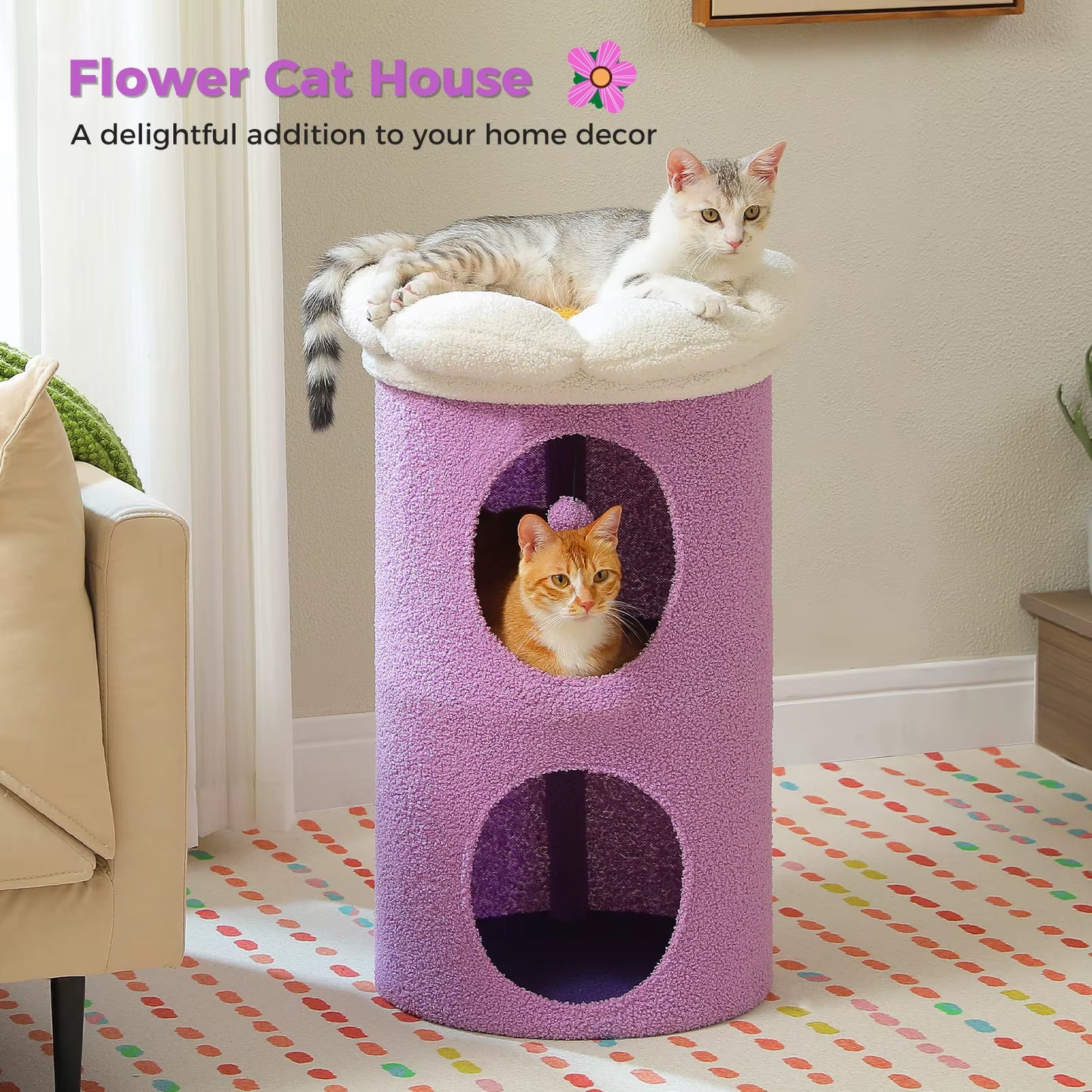 2-Storey Cat Bed for Indoor Cats with Removable Flower Perch & Hanging Toy – Comfortable Cat Condo