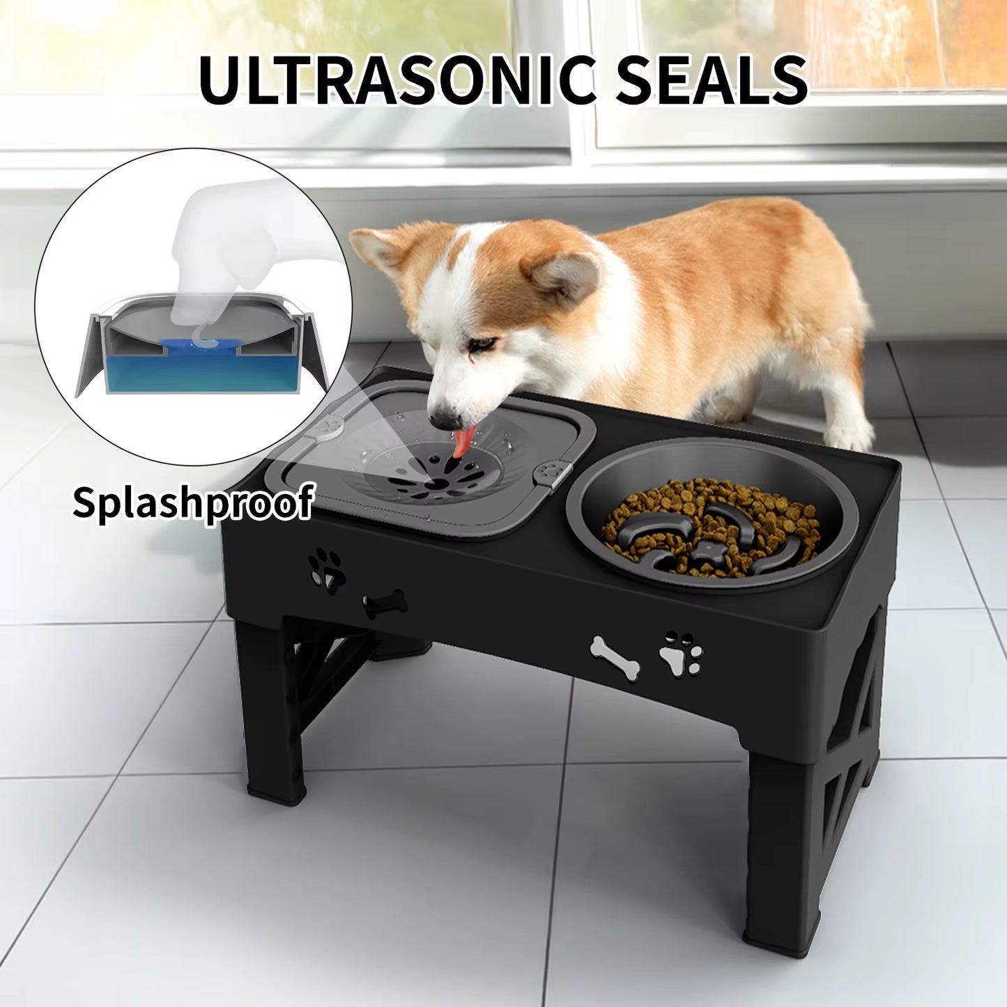 Adjustable Pet Feeder with Slow Feed Bowls | 3-in-1 Double Bowls | Foldable & Height Adjustable for Pets