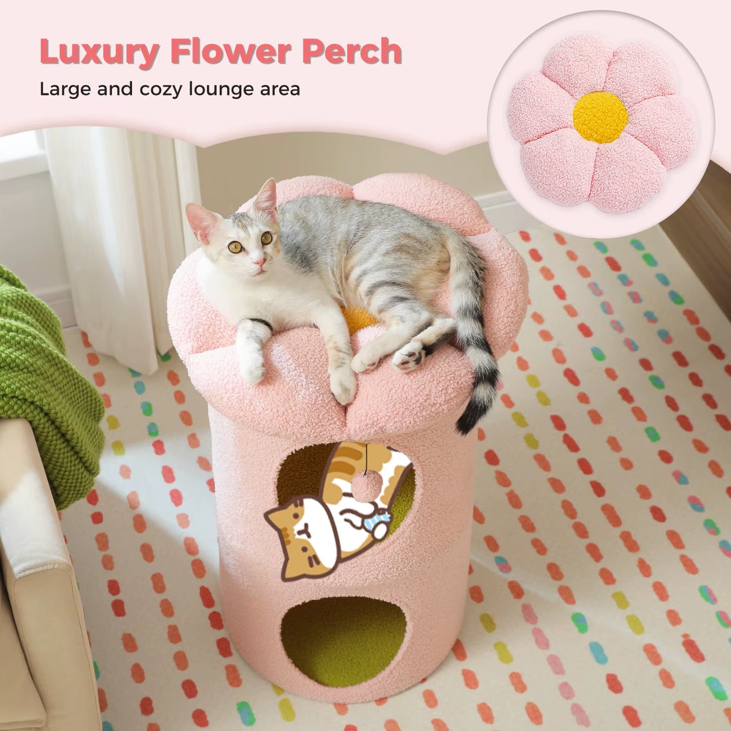2-Storey Cat Bed for Indoor Cats with Removable Flower Perch & Hanging Toy – Comfortable Cat Condo
