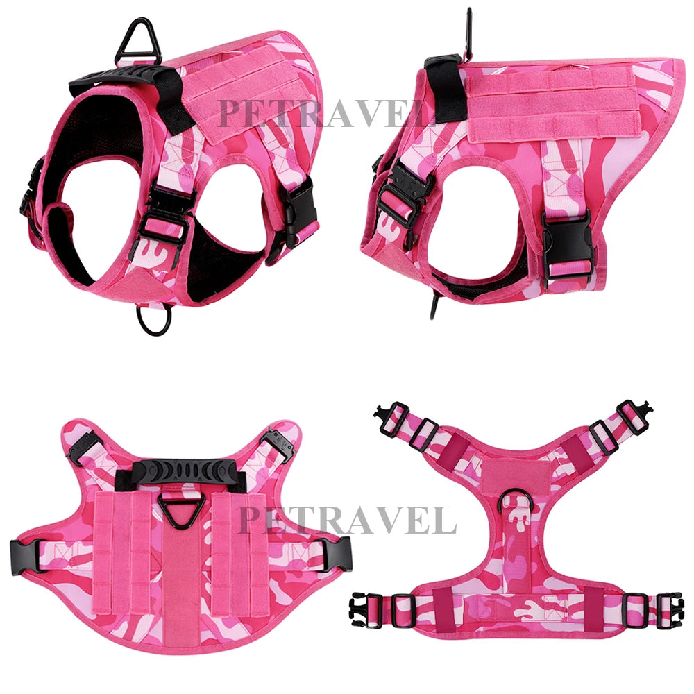 Military Dog Pink Harness & Leash Set – Adjustable Tactical Vest for Medium/Large Dogs