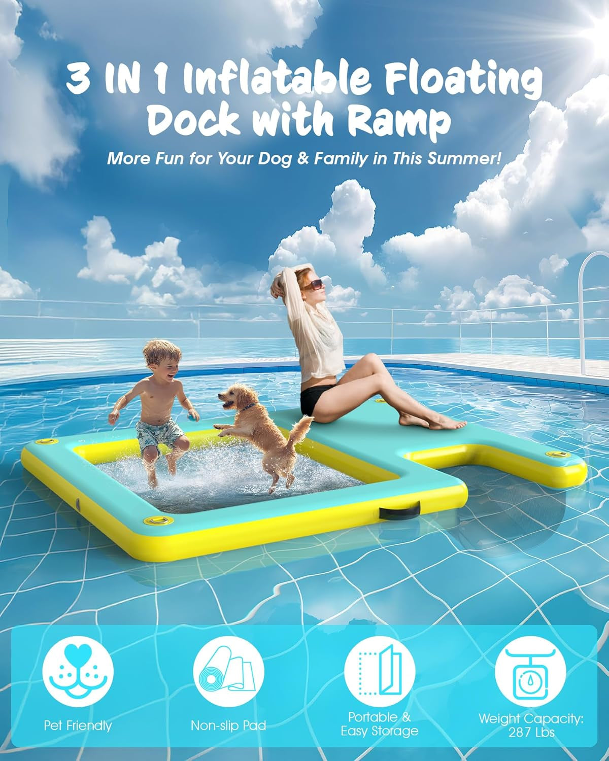 Lesotc Inflatable Floating Platform with Dog Ramp – 8ft x 6ft | 287 lbs Capacity | Non-Slip Water Access for Pets & Humans