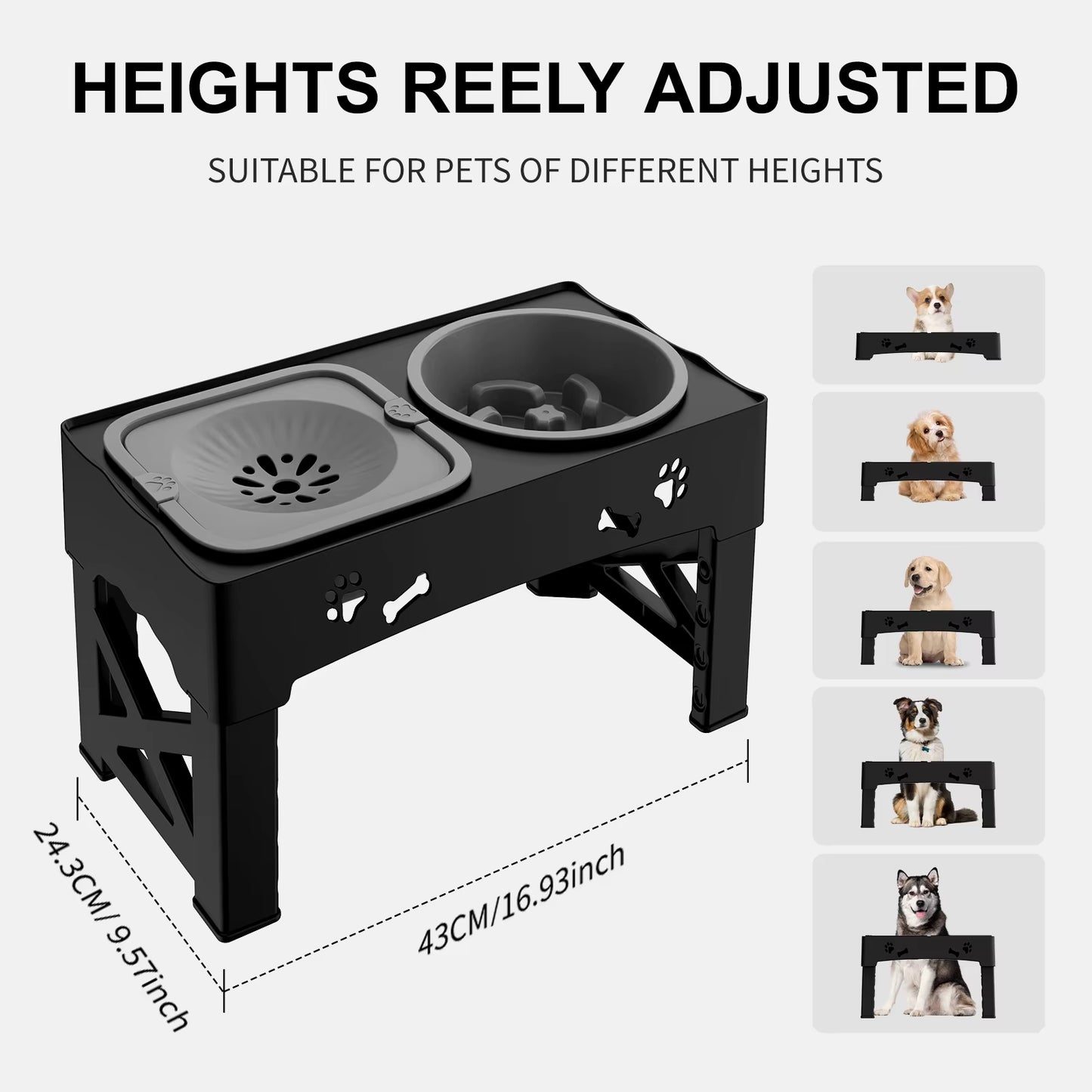 Adjustable Pet Feeder with Slow Feed Bowls | 3-in-1 Double Bowls | Foldable & Height Adjustable for Pets