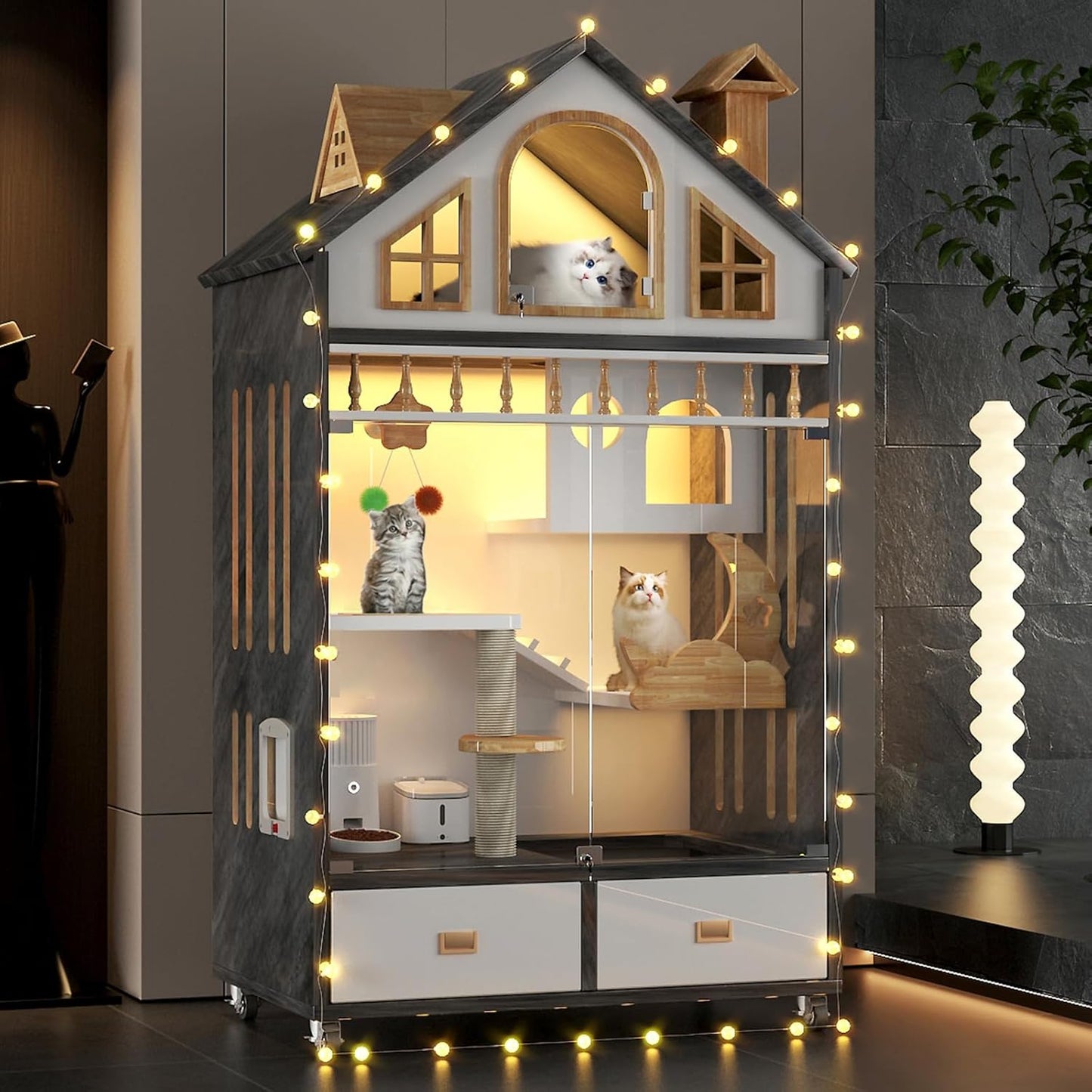 Mobile Cat House with LED Lighting & Drawers – Spacious 63" Wooden Cat Condo | Includes Wheels & Glass Door for Easy Access