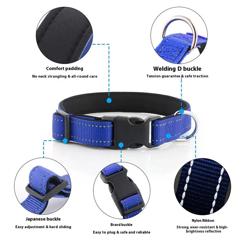 Reflective Dog Collar for Medium & Large Dogs – Adjustable, Soft Neoprene Padded Nylon, Sturdy & Comfortable