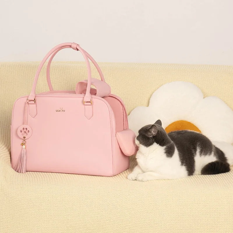 Luxury Leather Cat Bag Carrier – Airline Approved Crossbody Pet Carrier for Puppies, Cats & Rabbits | Portable Travel Handbag – Black