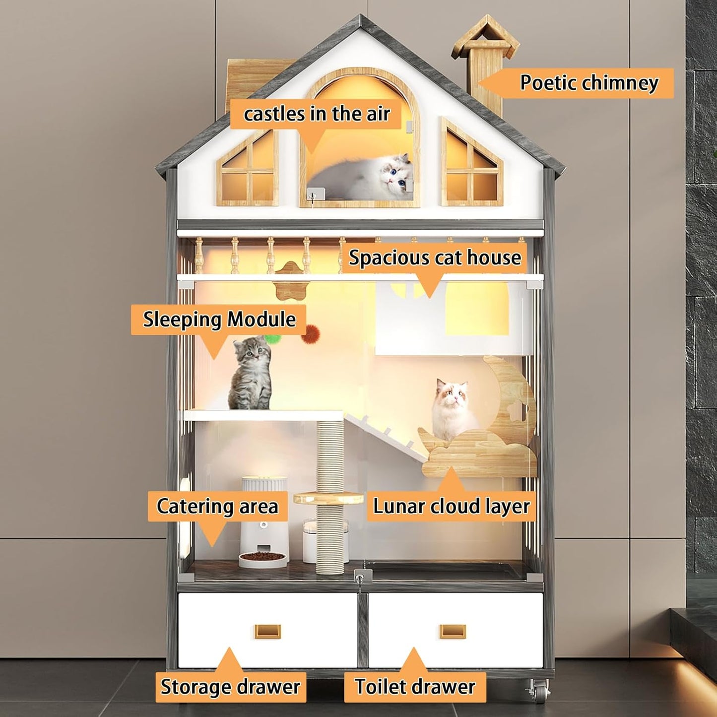Mobile Cat House with LED Lighting & Drawers – Spacious 63" Wooden Cat Condo | Includes Wheels & Glass Door for Easy Access