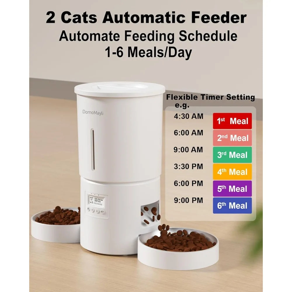 Automatic Dual Cat Feeder for 2 Cats | 6 Meals/Day, 12 Portions/Meal | Smart Pet Food Dispenser with Flexible Schedule