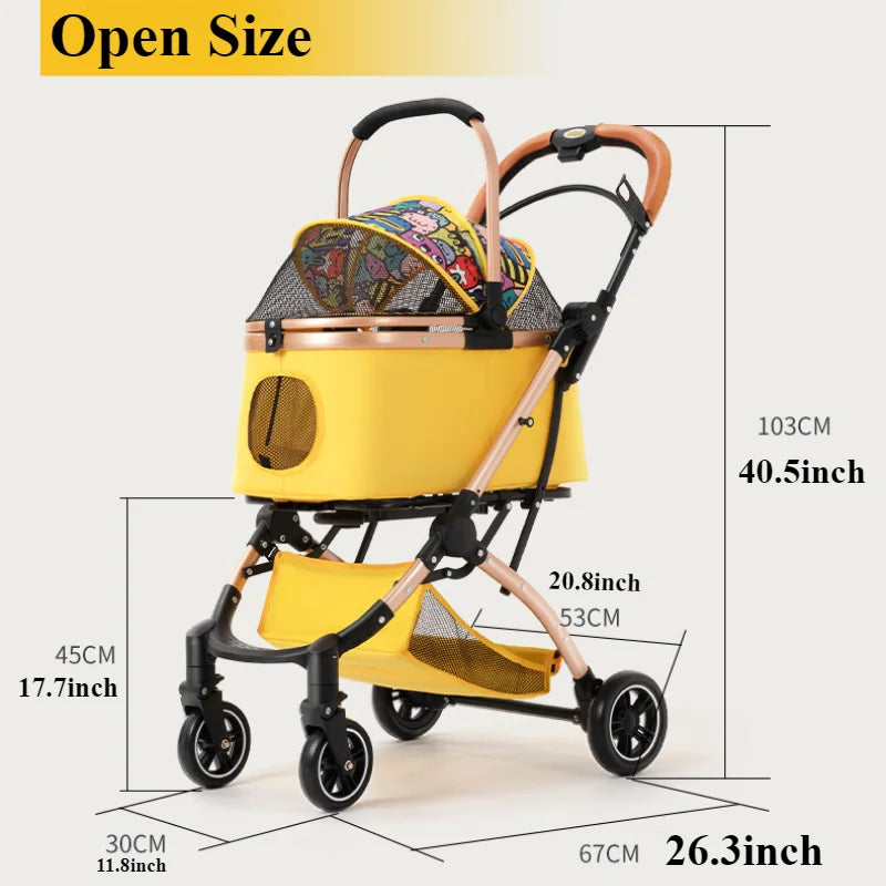2-in-1 Pet Stroller – Portable Dog & Cat Bassinet with Canopy & Brake, One-Click Folding