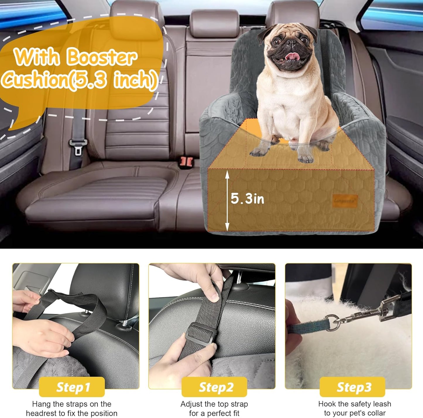 Memory Foam Dog Car Seat for Small & Medium Dogs – Washable, Adjustable, Comfortable Pet Booster Seat for Safe Car Travel
