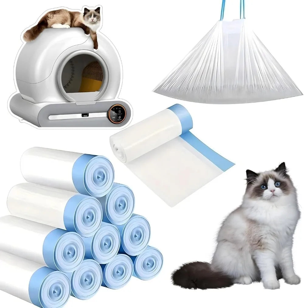 Self-Cleaning Cat Litter Box Poop Bags – Drawstring Closure, 10 Rolls