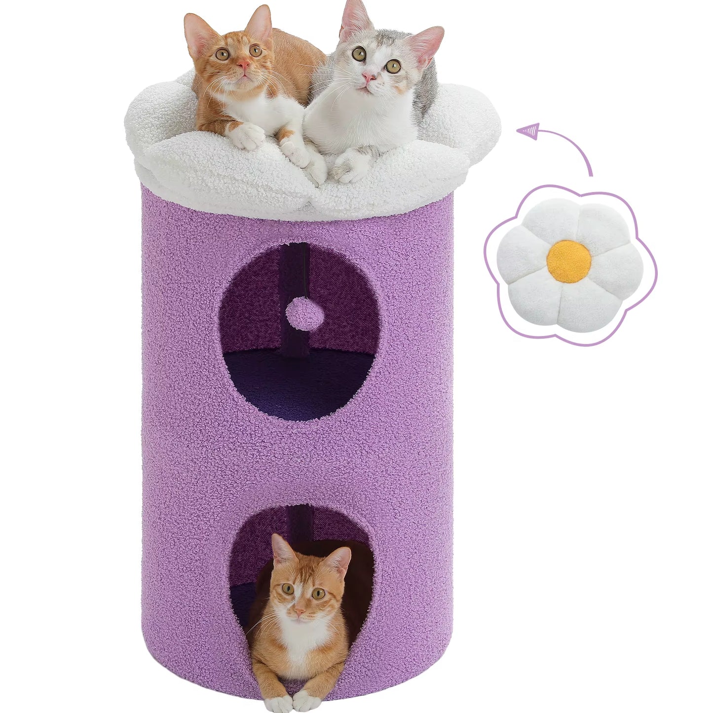 2-Storey Cat Bed for Indoor Cats with Removable Flower Perch & Hanging Toy – Comfortable Cat Condo
