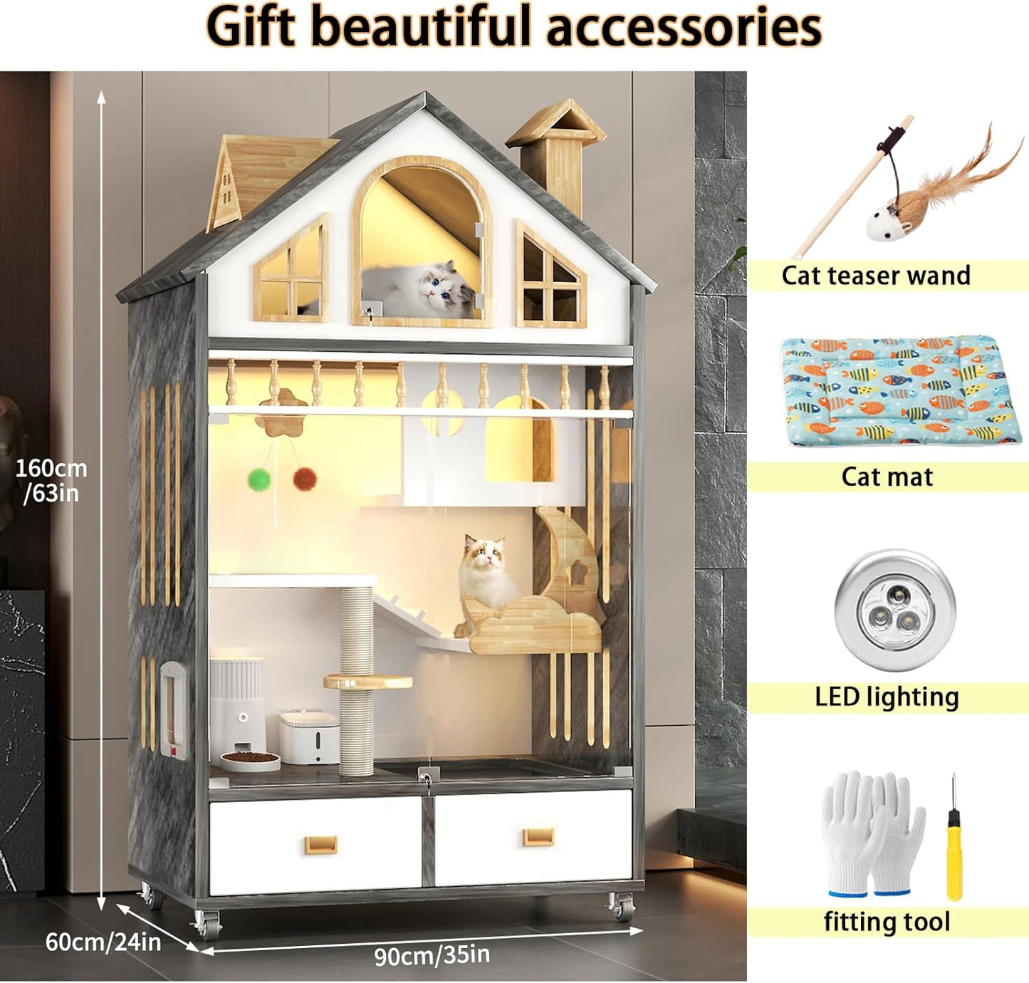 Mobile Cat House with LED Lighting & Drawers – Spacious 63" Wooden Cat Condo | Includes Wheels & Glass Door for Easy Access