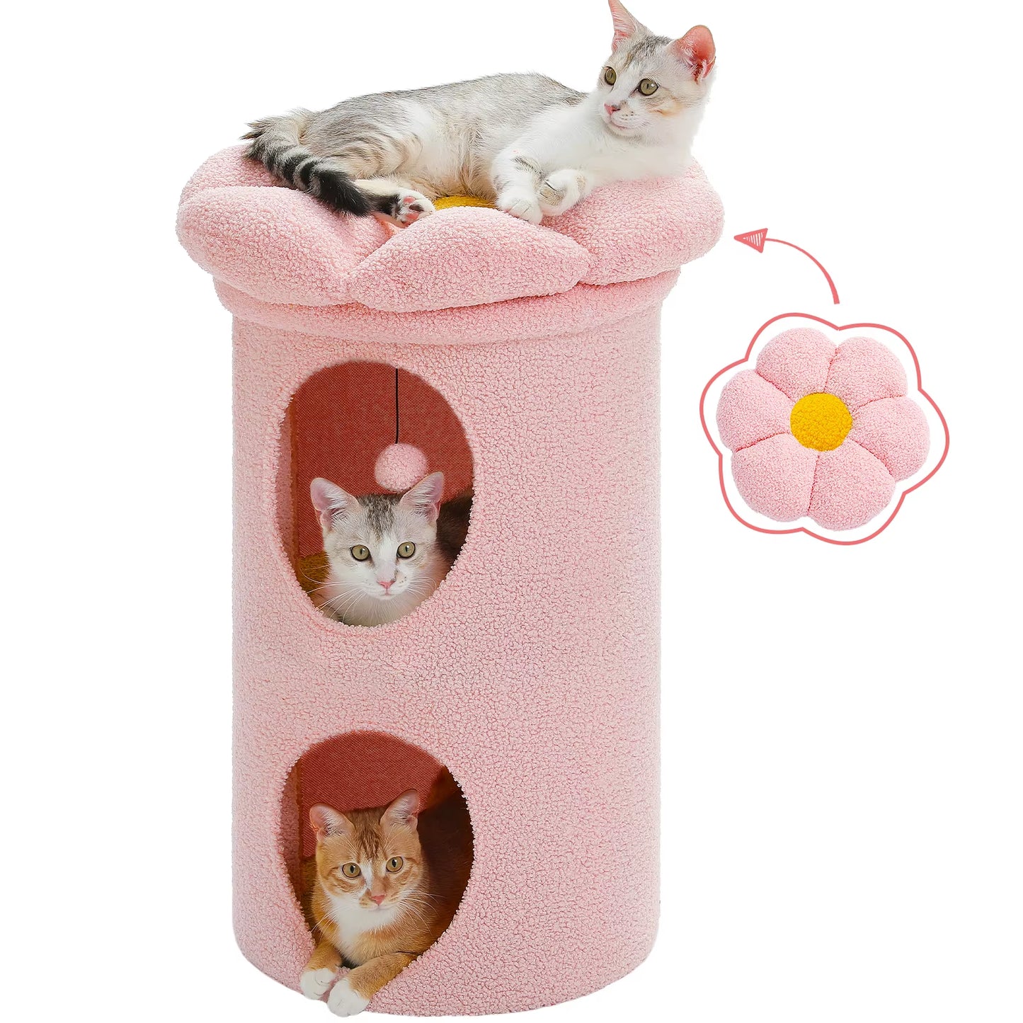 2-Storey Cat Bed for Indoor Cats with Removable Flower Perch & Hanging Toy – Comfortable Cat Condo