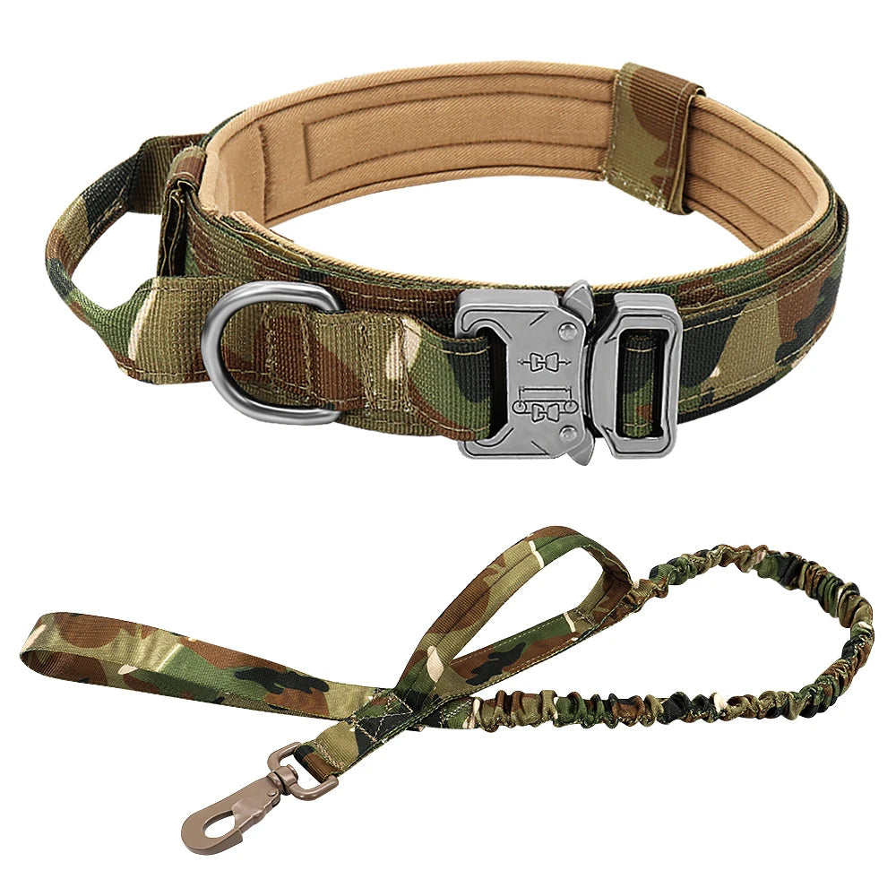 Military Tactical Dog Collar & Bungee Leash Set – Nylon Training Collar for Medium to Large Dogs