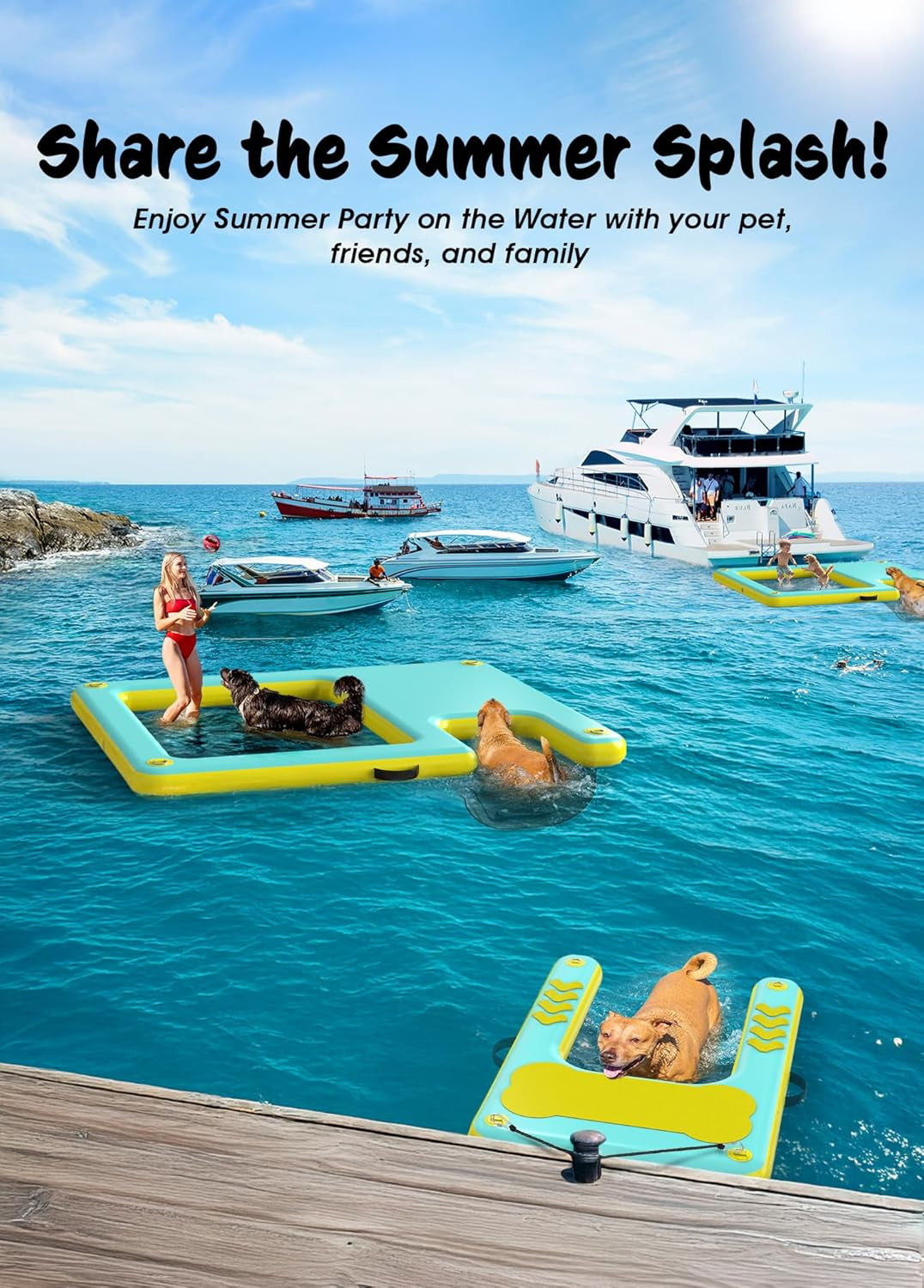 Lesotc Inflatable Floating Platform with Dog Ramp – 8ft x 6ft | 287 lbs Capacity | Non-Slip Water Access for Pets & Humans