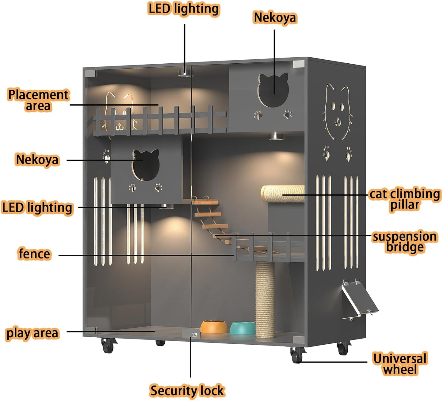 Luxury Wooden Cat House with Glass Doors & LED Lighting | Spacious, Mobile Cat Condo for Comfortable Living