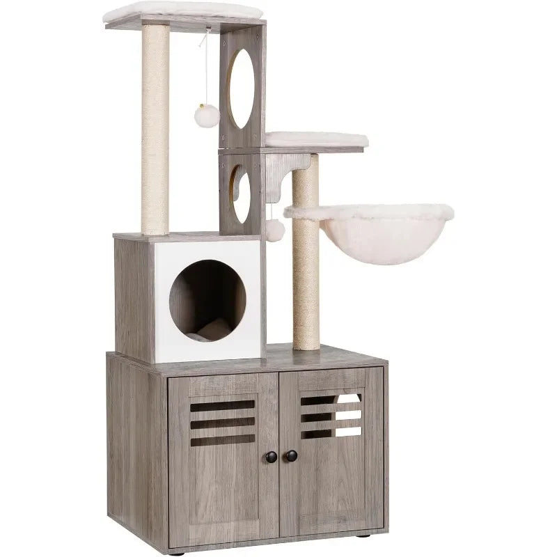 All-in-One Cat Tree Furniture with Litter Box Storage & Feeding Station | Modern Cat Condo for Kittens & Cats
