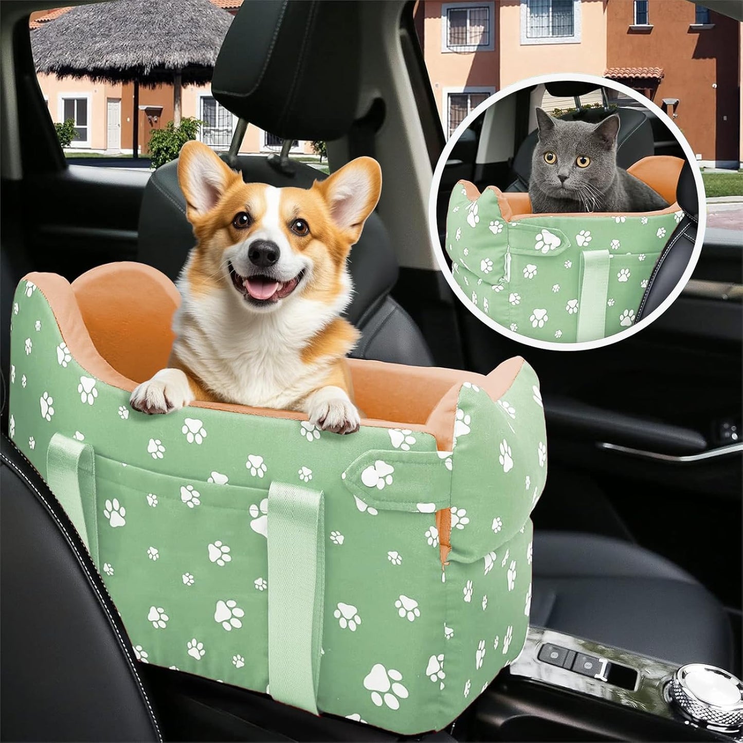 Cullaby Dog Center Console Car Seat for Small Dogs under 15lbs – Comfortable, Safe, Washable, and Portable Pet Car Seat with Safety Leash