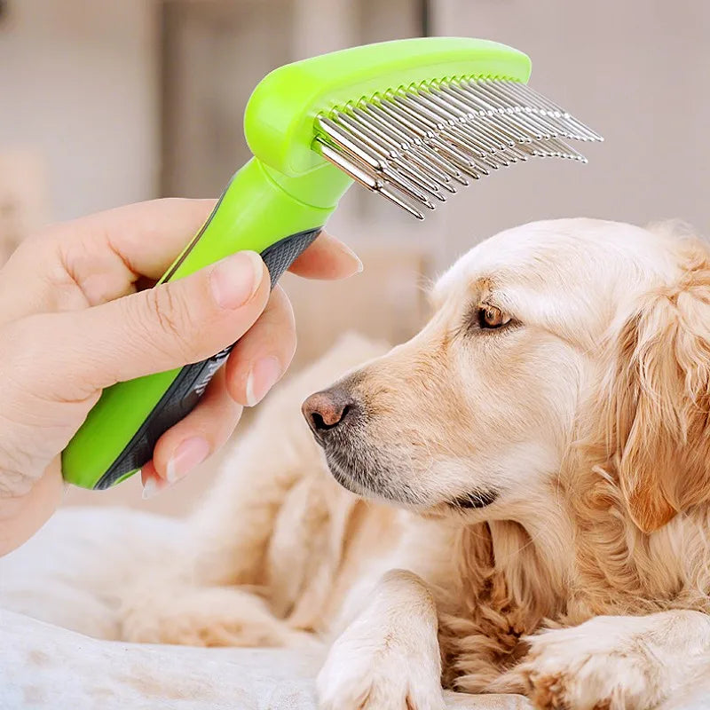Double Teeth Dog Comb Pet Hair Remover, Stainless Steel Grooming Brush for Dogs & Cats, Effective Fur Detangler & Massage Tool