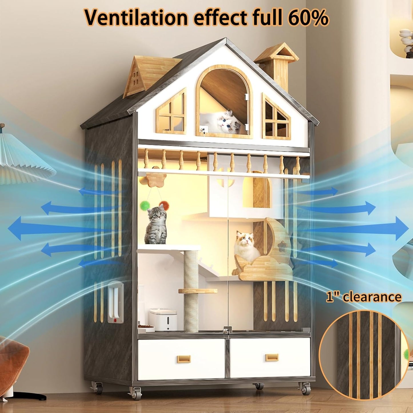Mobile Cat House with LED Lighting & Drawers – Spacious 63" Wooden Cat Condo | Includes Wheels & Glass Door for Easy Access