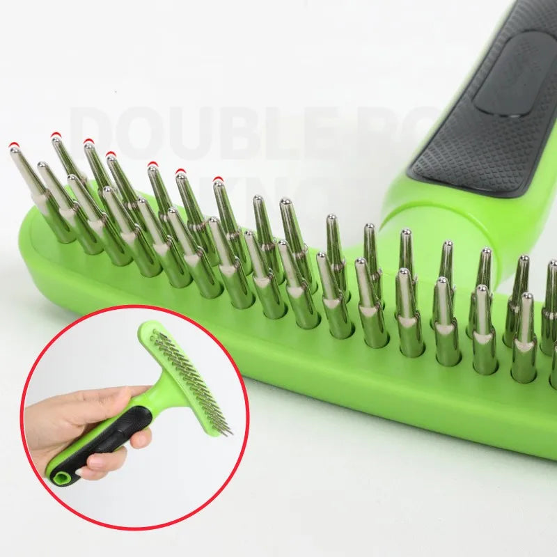 Double Teeth Dog Comb Pet Hair Remover, Stainless Steel Grooming Brush for Dogs & Cats, Effective Fur Detangler & Massage Tool