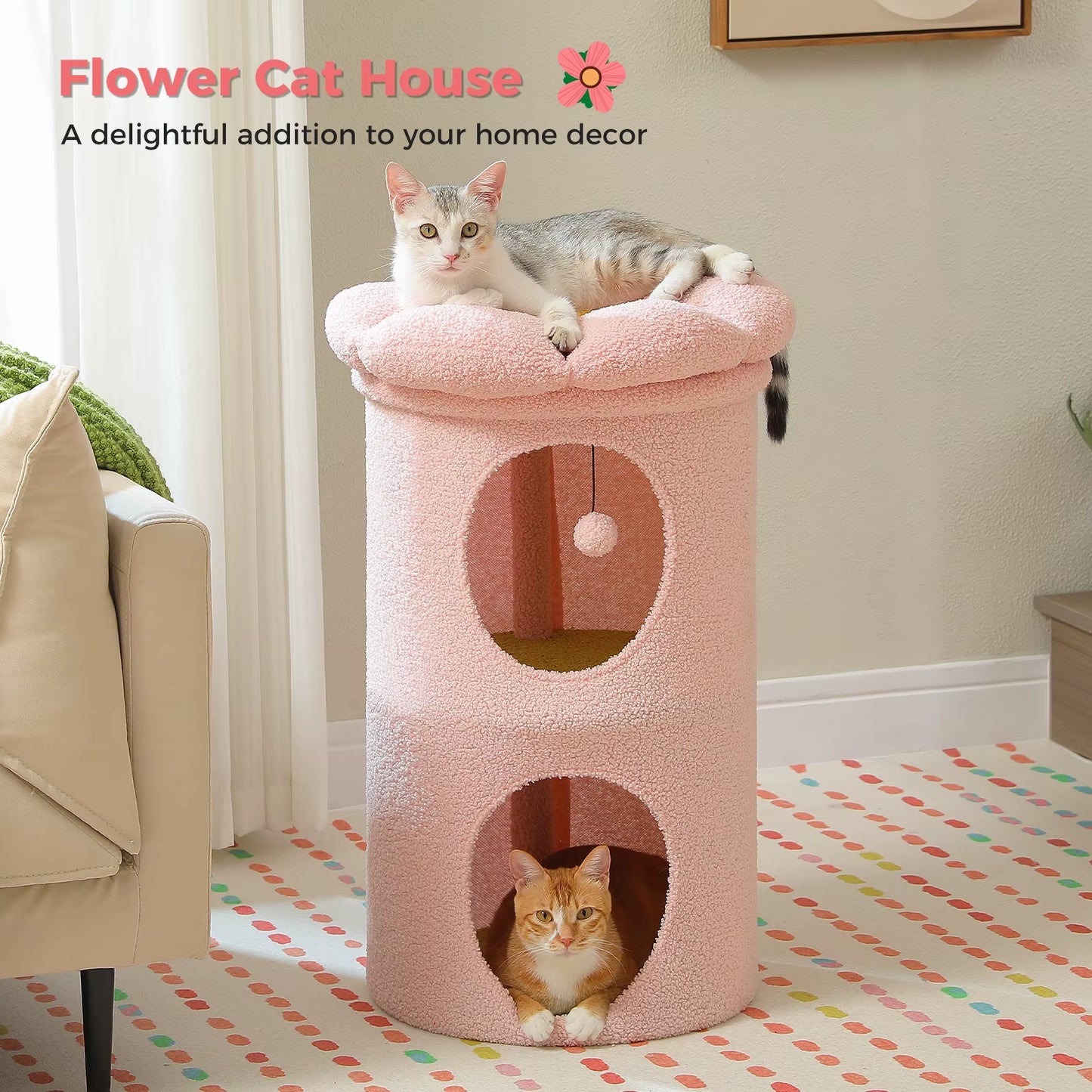2-Storey Cat Bed for Indoor Cats with Removable Flower Perch & Hanging Toy – Comfortable Cat Condo