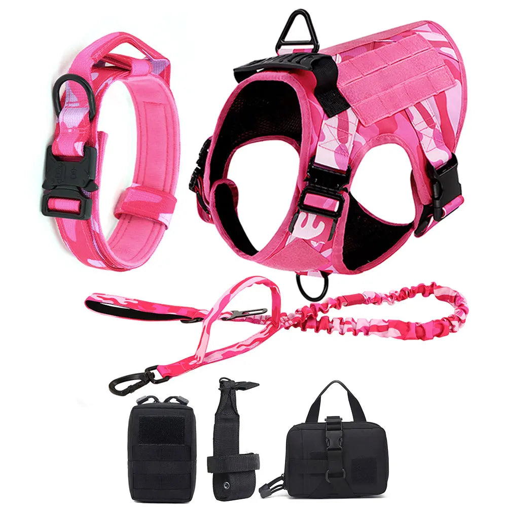Military Dog Pink Harness & Leash Set – Adjustable Tactical Vest for Medium/Large Dogs